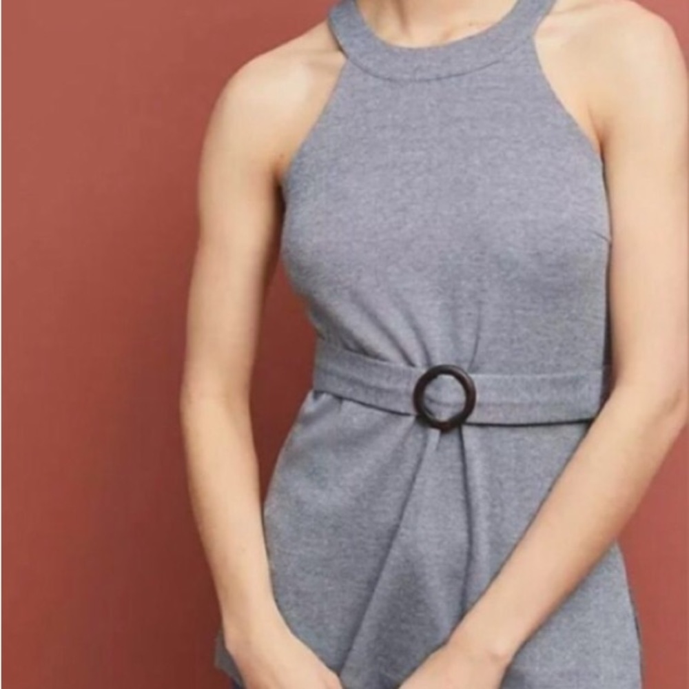 ANTHROPOLOGIE Stretch Jersey Knit Belted Halter Sleeveless Top L Blue Gray